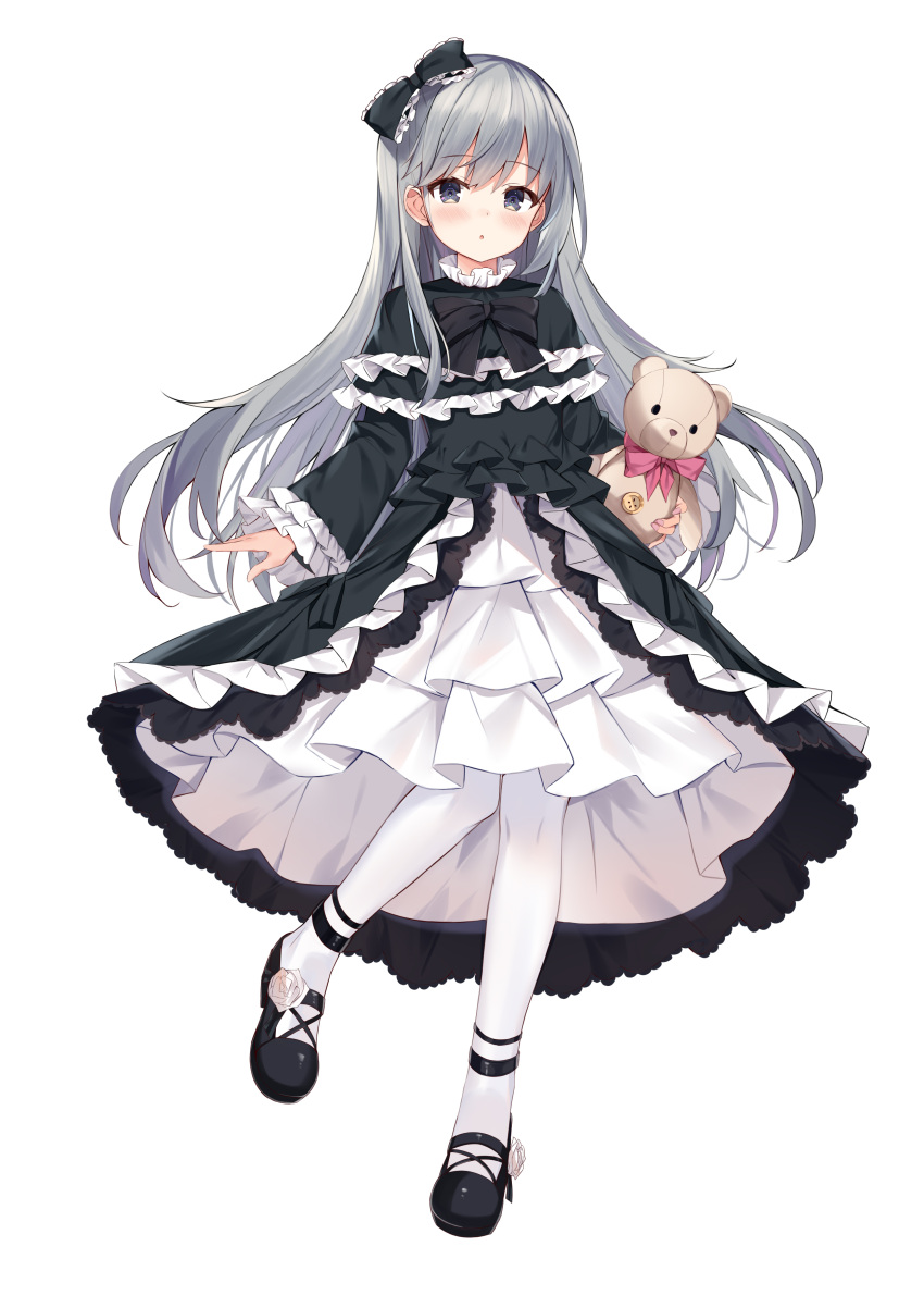 1girl :o absurdres bangs black_bow black_dress black_footwear blush bow dress duel_monster eyebrows_visible_through_hair flower frilled_sleeves frills full_body fuyuki030 ghost_belle_&amp;_haunted_mansion grey_eyes grey_hair hair_bow highres holding holding_stuffed_toy long_hair long_sleeves looking_at_viewer pantyhose parted_lips rose shoes simple_background sleeves_past_wrists solo standing standing_on_one_leg stuffed_animal stuffed_toy teddy_bear very_long_hair white_background white_flower white_legwear white_rose wide_sleeves yu-gi-oh!