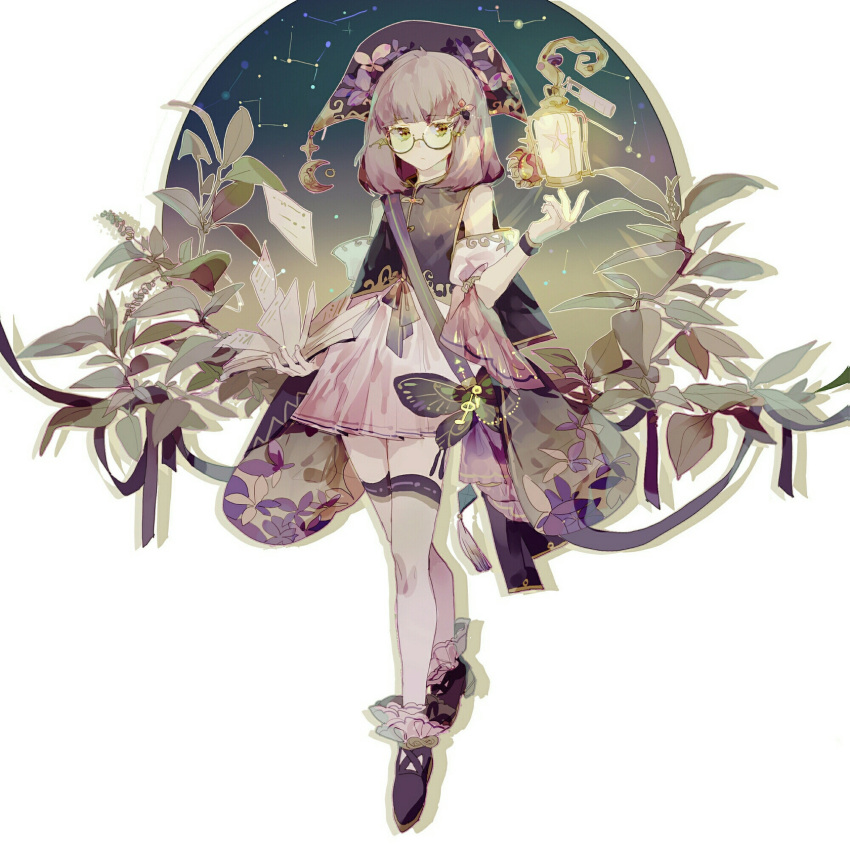1girl black_dress black_footwear black_headwear book bracelet brown_hair closed_mouth commentary_request constellation dress full_body glasses highres holding holding_book jewelry lantern leaf lobelia_(saclia) looking_at_viewer medium_hair open_book original oversized_plant pink_dress short_sleeves simple_background solo thigh-highs two-tone_dress white_background white_legwear yellow_eyes