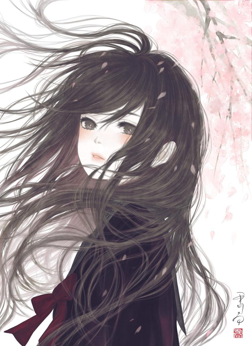 1girl absurdres bangs black_serafuku black_shirt bow bowtie branch brown_eyes brown_hair cherry_blossoms commentary_request day floating_hair from_side highres light_blush long_hair looking_at_viewer looking_to_the_side medibang_paint_(medium) original outdoors parted_lips petals red_bow red_bowtie school_uniform seal_impression serafuku shirt signature solo upper_body ushiyama_ame white_background wind