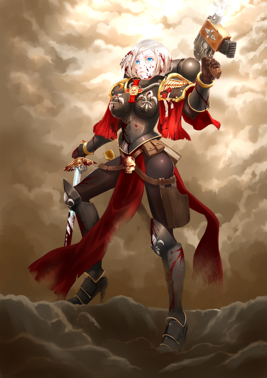 1girl adepta_sororitas armor belt blood blue_eyes bob_cut bolter breasts fleur_de_lis frank_patriot highres imperium_of_man power_armor purity_seal short_hair shoulder_armor sword warhammer_40k weapon