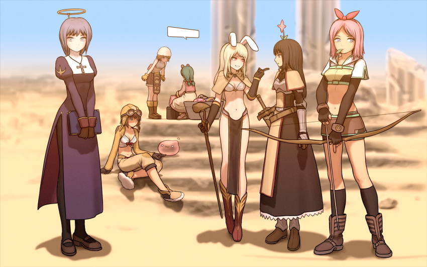 6+girls :3 animal_ears arrow_(projectile) belt black_gloves black_hair black_legwear blonde_hair blurry blurry_background book boots bow_(weapon) breasts brown_hair capelet character_request commentary_request cross cross_necklace day desert dress elbow_gloves fake_halo fingerless_gloves flower flower_on_head gauntlets gloves goggles goggles_on_head green_hair grey_eyes hairband halo hat highres holding holding_book holding_bow_(weapon) holding_staff holding_weapon index_finger_raised jewelry juliet_sleeves kneehighs light_purple_eyes long_hair long_sleeves looking_at_another looking_at_viewer medium_breasts medium_hair midriff multiple_girls navel necklace outdoors pantyhose pelvic_curtain pink_eyes pink_hair poring puffy_sleeves purple_dress rabbit_ears ragnarok_online red_hairband ruins rustle sheath sheathed shoes short_hair short_sleeves side_slit slime_(creature) smile staff stomach sword v_arms weapon