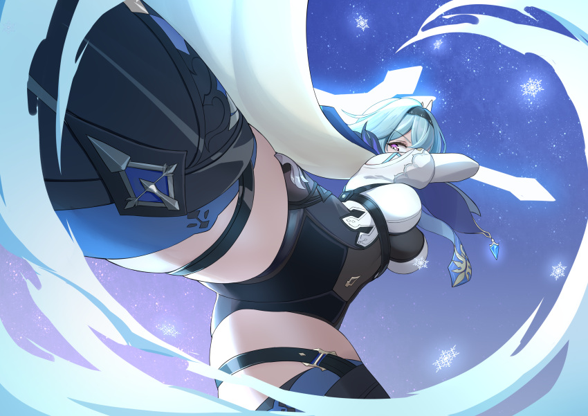 1girl absurdres ass_visible_through_thighs black_legwear black_leotard blue_hair breasts cape crop_top eula_(genshin_impact) foreshortening genshin_impact hairband highres holding holding_sword holding_weapon juliet_sleeves large_breasts legs_apart leotard long_sleeves looking_at_viewer medium_hair puffy_sleeves shirt solo standing sword thigh-highs thighs violet_eyes weapon white_shirt xiao_fei