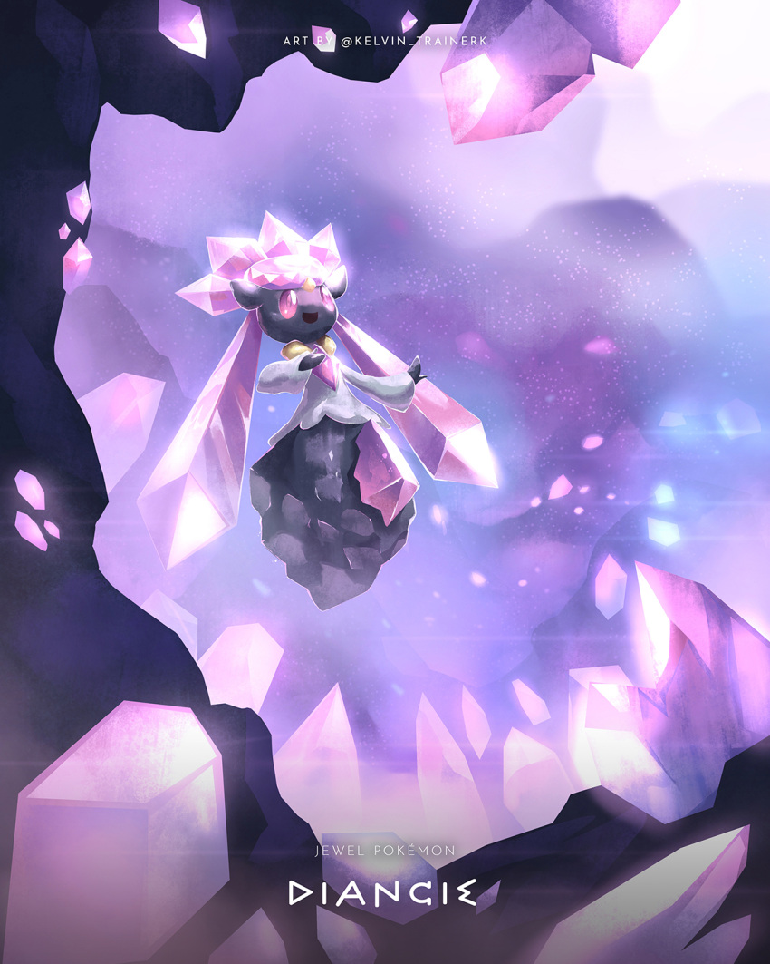 cave_interior character_name commentary copyright_name crystal diancie floating full_body highres kelvin-trainerk looking_up no_humans outstretched_arm pink_eyes pokemon pokemon_(creature) solo twitter_username