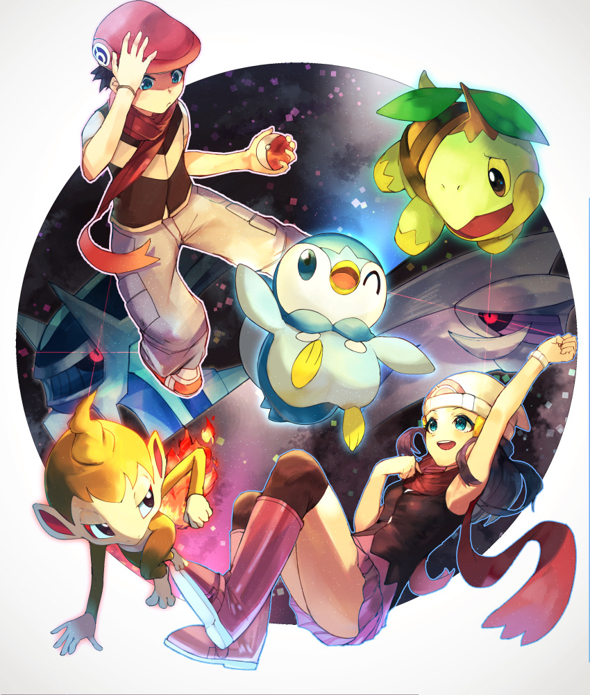 1boy 1girl absurdres arm_up beanie black_hair blue_eyes boots bracelet chimchar closed_mouth commentary_request dialga floating_scarf grey_pants hand_on_headwear hat highres hikari_(pokemon) holding holding_poke_ball jewelry lucas_(pokemon) orr_(kkkkbbbbc) palkia pants piplup poke_ball poke_ball_(basic) pokemon pokemon_(creature) pokemon_(game) pokemon_dppt red_headwear red_scarf scarf shirt shoes short_hair short_sleeves skirt starter_pokemon_trio turtwig white_headwear