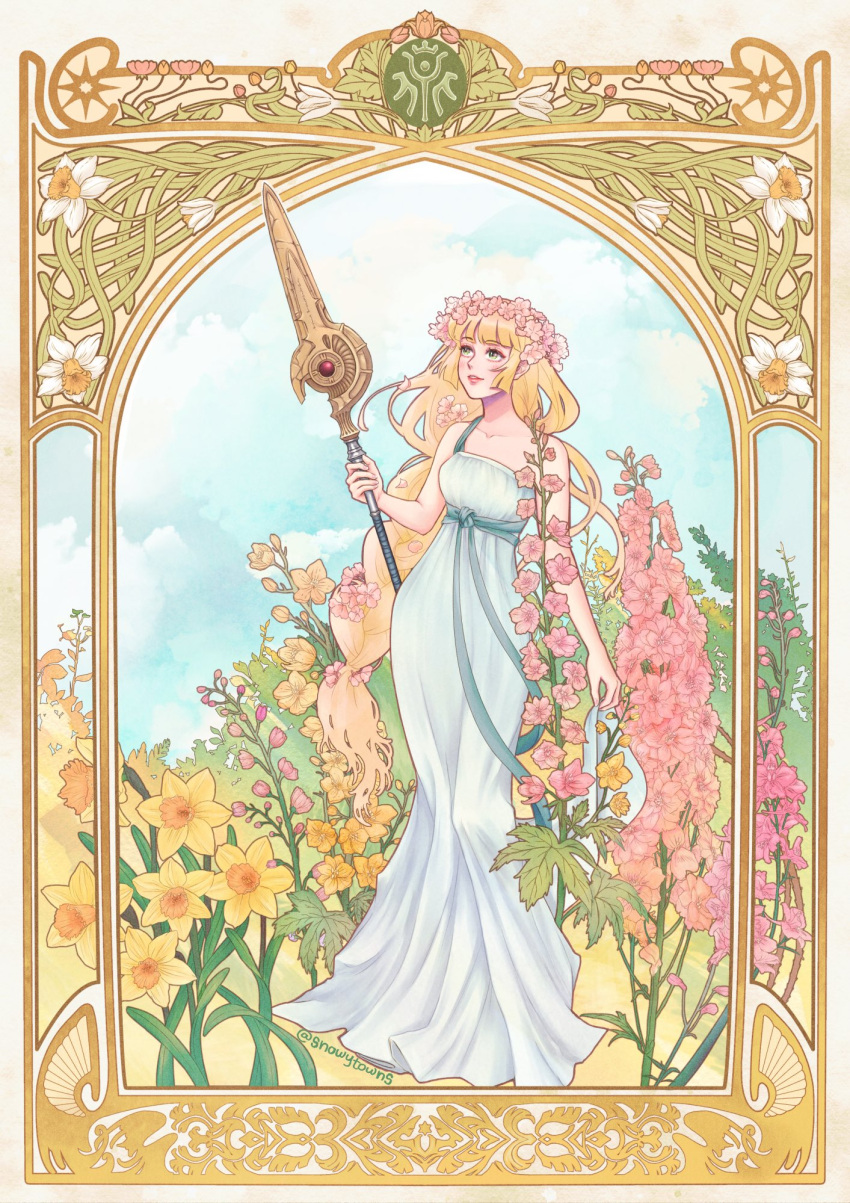 1girl alphonse_mucha_(style) alternate_costume art_nouveau artist_name bangs bare_arms bare_shoulders blonde_hair blue_sky blunt_bangs border braid breasts clouds crest_of_daphnel daffodil day dress fire_emblem fire_emblem:_three_houses flower green_eyes hair_flower hair_ornament head_wreath highres holding holding_polearm holding_weapon hollyhock ingrid_brandl_galatea long_dress long_hair looking_away looking_up luin_(fire_emblem) medium_breasts outdoors parted_lips pink_flower pink_lips polearm sash sidelocks single_braid single_strap sky smile solo spear standing twitter_username very_long_hair weapon white_dress yellow_flower yuu_(snowytowns)