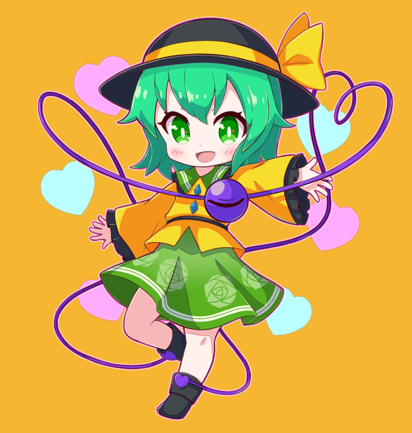 1girl :d bangs black_footwear black_headwear chibi floral_print frilled_sleeves frills green_eyes green_hair green_skirt hat hat_ribbon heart heart_of_string highres komeiji_koishi long_sleeves looking_at_viewer open_mouth orange_background ribbon rose_print shirt short_hair simple_background skirt smile solo third_eye touhou toyomagorilla wide_sleeves yellow_ribbon yellow_shirt