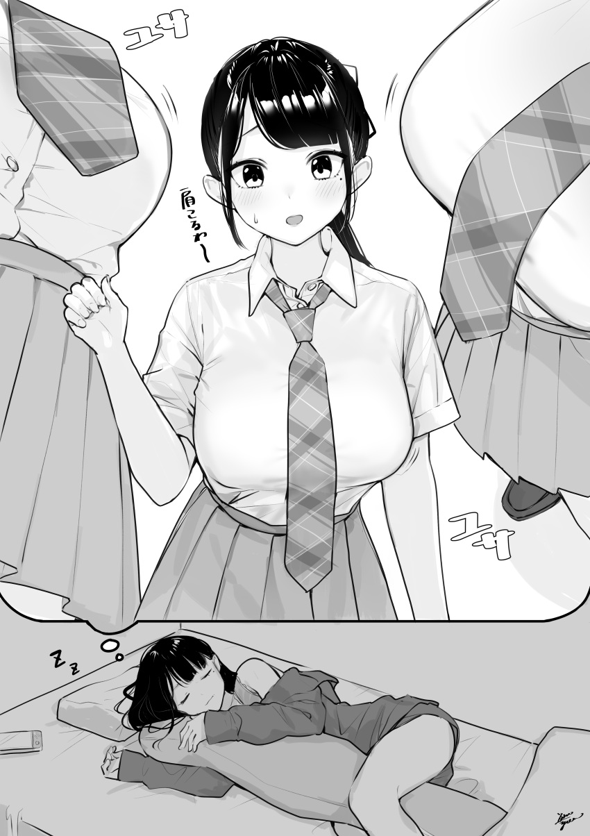 4girls absurdres bangs blush breasts dreaming hair_ornament hand_up handheld_game_console highres large_breasts long_hair looking_at_viewer lying monochrome multiple_girls necktie nintendo_switch on_side original pillow plaid_necktie pleated_skirt ponytail shiny shiny_hair shirt shirt_tucked_in shoes signature skirt sleeping smile takenoko_no_you thought_bubble