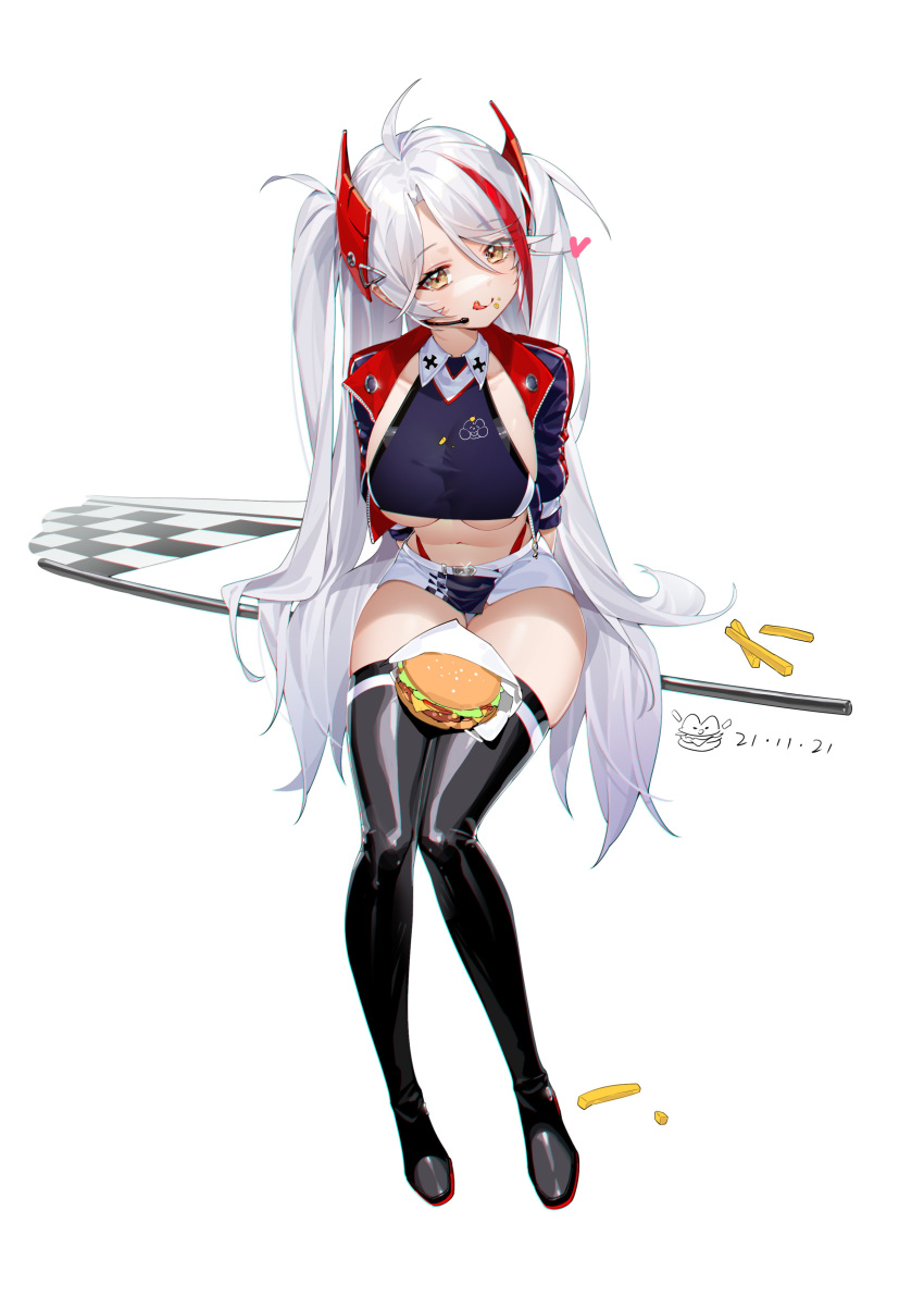 1girl :q absurdres antenna_hair arms_behind_back azur_lane bangs belt black_footwear boots breasts burger checkered checkered_flag collarbone collared_shirt commentary crop_top cropped_jacket cropped_shirt cross dated earpiece eyebrows_visible_through_hair flag food food_on_clothes food_on_face french_fries full_body hair_between_eyes head_tilt heart highleg highleg_panties highres iron_cross jacket large_breasts leaning_forward long_hair looking_at_viewer miniskirt multicolored_hair navel official_alternate_costume open_clothes open_jacket panties prinz_eugen_(azur_lane) prinz_eugen_(final_lap)_(azur_lane) purple_jacket purple_shirt purple_skirt racequeen red_panties redhead shirt sidelocks silver_hair simple_background sitting skindentation skirt sleeveless sleeveless_shirt smile solo stomach streaked_hair tangdouji_(machine) taut_clothes taut_shirt thigh-highs thigh_boots tongue tongue_out two-tone_skirt two_side_up under_boob underwear very_long_hair white_background white_belt white_skirt yellow_eyes zettai_ryouiki