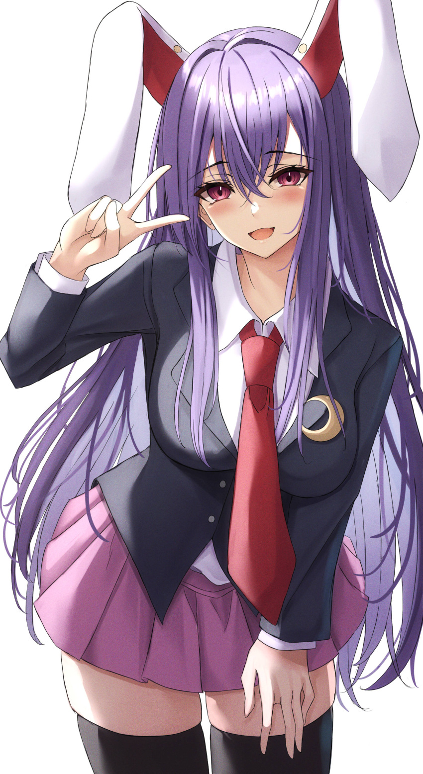 .me 1girl absurdres animal_ears bangs blazer blouse breasts collared_blouse highres jacket large_breasts light_purple_hair long_hair long_sleeves looking_at_viewer miniskirt necktie pink_skirt pleated_skirt purple_hair rabbit_ears red_eyes red_neckwear reisen_udongein_inaba simple_background skirt solo thigh-highs touhou v very_long_hair white_background white_blouse