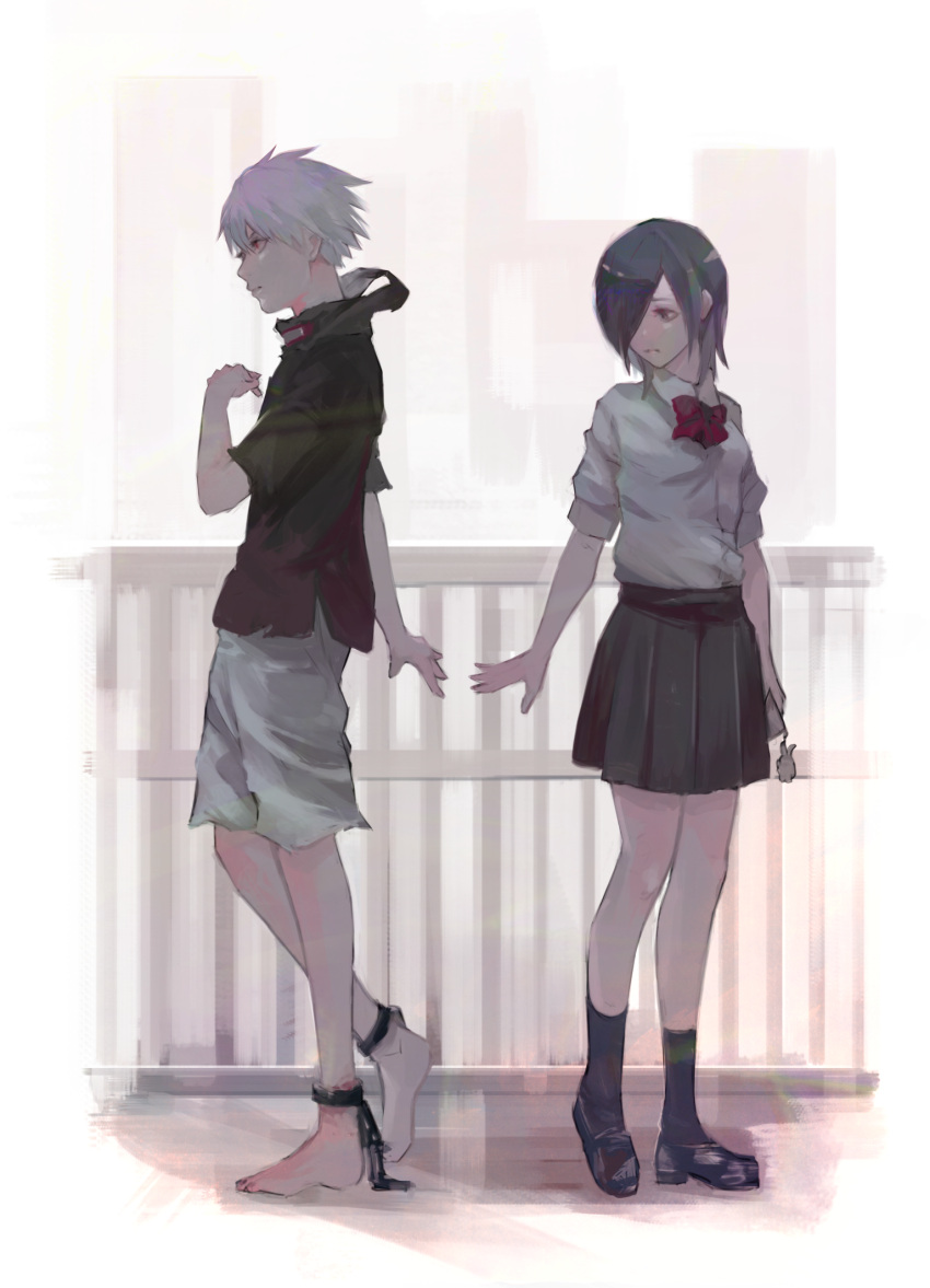 1boy 1girl bangs barefoot black_bow black_bowtie black_footwear black_legwear black_shirt black_skirt bow bowtie breasts closed_mouth collared_shirt commentary_request full_body grey_background grey_hair grey_shirt grey_shorts hair_over_one_eye highres holding holding_phone kaneki_ken kirishima_touka kyuuba_melo medium_breasts phone pleated_skirt shirt shirt_tucked_in shoes short_hair short_sleeves shorts skirt socks tokyo_ghoul torn_clothes torn_shirt