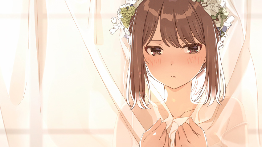 1girl :&lt; blush brown_eyes brown_hair collarbone curtain_grab curtains douki-chan_(douki-chan) end_card flower ganbare_douki-chan hair_flower hair_ornament head_wreath hechima_(issindotai) highres non-web_source portrait screencap short_ponytail sidelocks solo strap_slip window