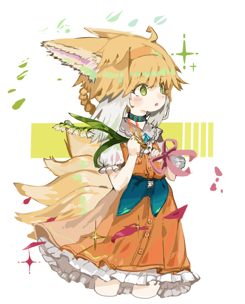 1girl ahoge animal_ears arknights blonde_hair braid commentary cropped_legs dress flower fox_ears fox_girl fox_tail frilled_dress frills green_eyes hair_rings hairband hands_up highres holding kitsune lily_of_the_valley looking_away multicolored_hair orange_dress orange_hairband parted_lips puffy_short_sleeves puffy_sleeves ryu_(17569823) short_sleeves sleeveless sleeveless_dress solo suzuran_(arknights) symbol-only_commentary tail two-tone_hair white_background white_flower white_hair