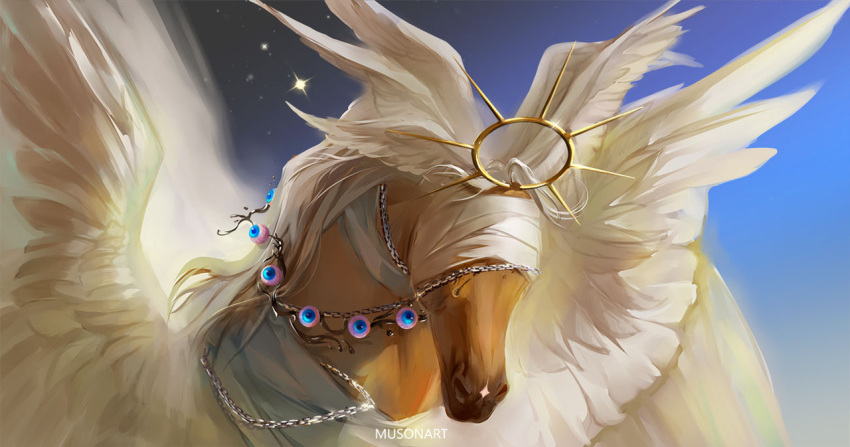 angel_wings animal artist_name bandaged_head bandages blue_background chain commission covered_eyes eye_focus gradient gradient_background head_wings horse musonart no_humans original pegasus starry_background upper_body wings