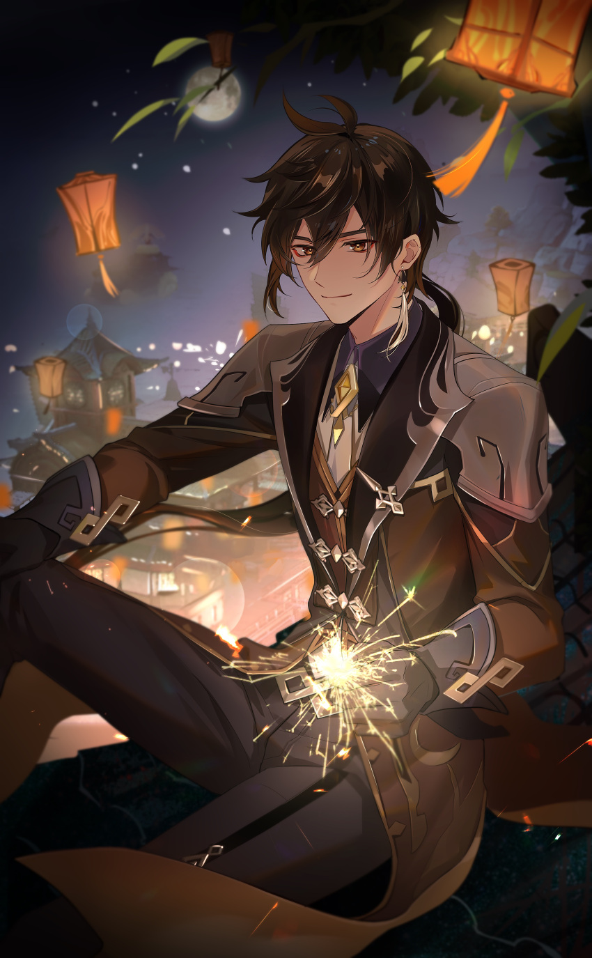 1boy absurdres antenna_hair architecture bangs black_gloves blurry blurry_background blush brown_hair brown_vest chinese_commentary collared_shirt commentary_request earrings east_asian_architecture ei_(user_sjgf2435) eyeliner eyeshadow fireworks full_moon gem genshin_impact gloves hair_between_eyes hand_on_own_knee highres holding_fireworks jewelry lantern leaf long_sleeves looking_at_viewer low_ponytail makeup male_focus moon necktie night outdoors red_eyeshadow shirt short_hair_with_long_locks single_earring sitting smile solo sparkler suit_jacket tassel tassel_earrings user_sjgf2435 vest white_necktie wing_collar yellow_eyes zhongli_(genshin_impact)