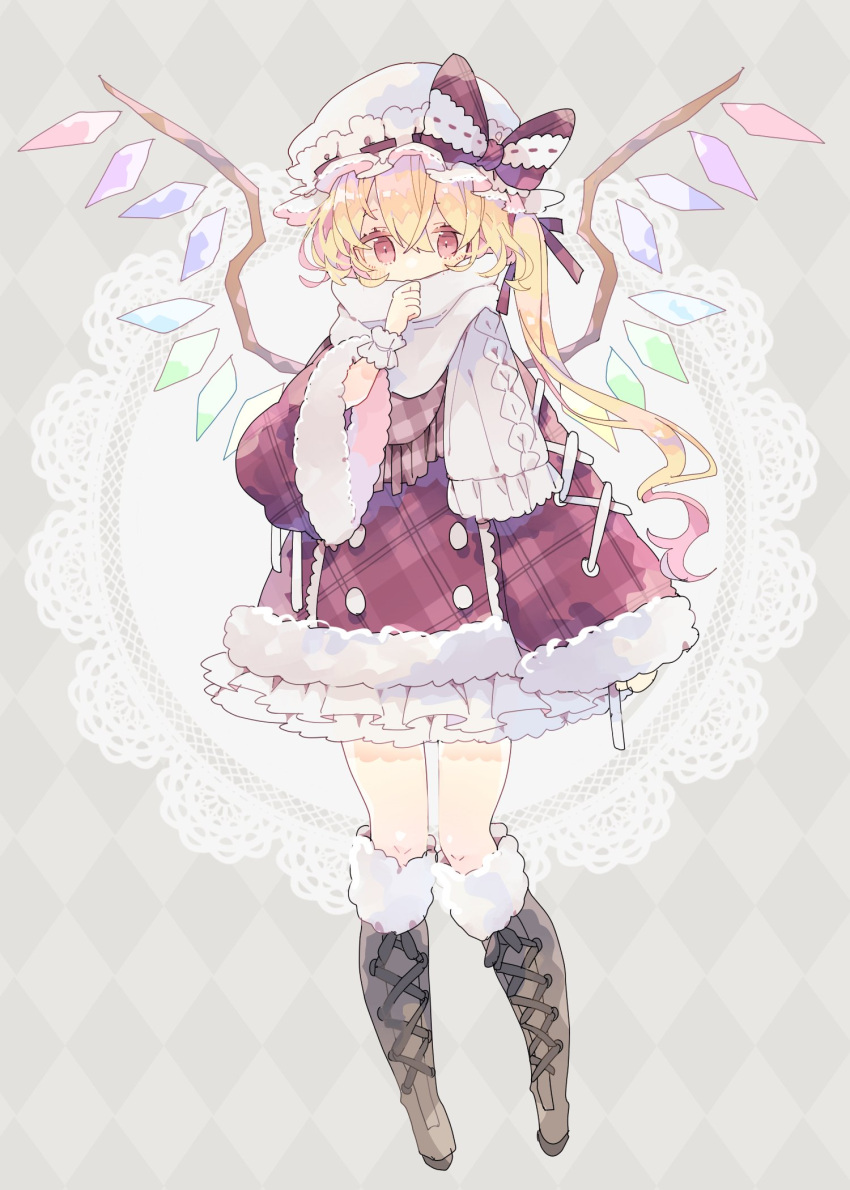 1girl adapted_costume argyle argyle_background blonde_hair blush boots brown_footwear cross-laced_footwear crystal flandre_scarlet full_body grey_scarf hair_between_eyes hat highres knee_boots lace-up_boots long_hair long_sleeves mob_cap nikorashi-ka one_side_up red_eyes scarf solo touhou white_headwear wide_sleeves wings