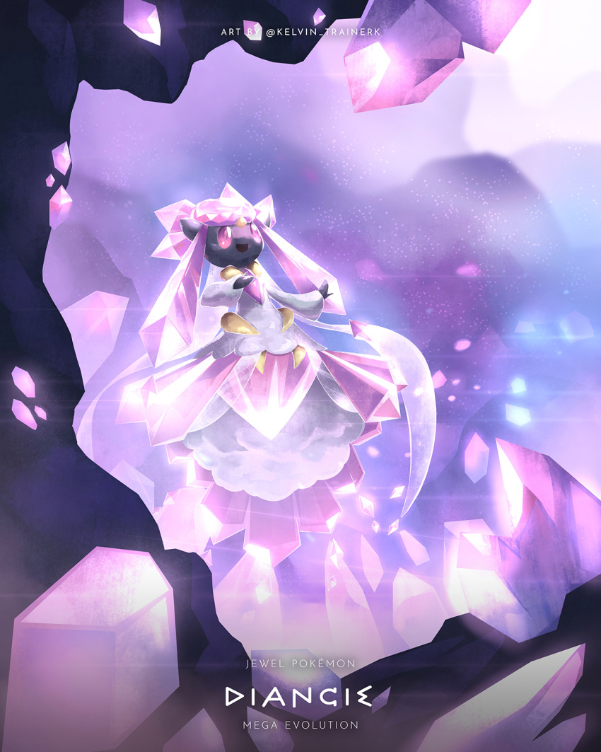 cave_interior character_name commentary copyright_name crystal diancie floating full_body highres kelvin-trainerk looking_up mega_diancie mega_pokemon no_humans outstretched_arm pink_eyes pokemon pokemon_(creature) solo twitter_username
