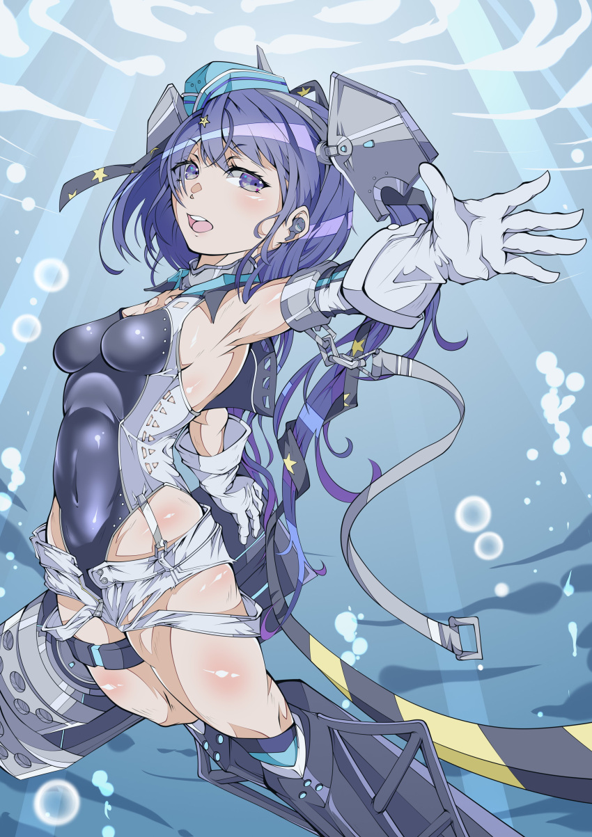 1girl absurdres air_bubble aqua_headwear black_ribbon black_swimsuit blue_eyes blue_hair breasts bubble competition_swimsuit covered_navel freediving garrison_cap gloves hair_ornament hair_ribbon hat hideyuki_egokoro highleg highleg_swimsuit highres kantai_collection long_hair one-piece_swimsuit ribbon scamp_(kancolle) short_shorts shorts side_ponytail small_breasts solo star_(symbol) star_hair_ornament swimsuit underwater white_gloves white_shorts