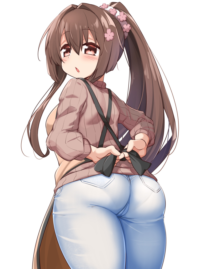 1girl apron ass breasts brown_apron brown_eyes brown_hair brown_sweater cherry_blossoms flower from_below hair_flower hair_ornament highres kantai_collection kurokoshou_(emuburemu123) long_hair long_sleeves medium_breasts official_alternate_costume pants pocket ponytail sidelocks solo sweater very_long_hair white_pants yamato_(kancolle)