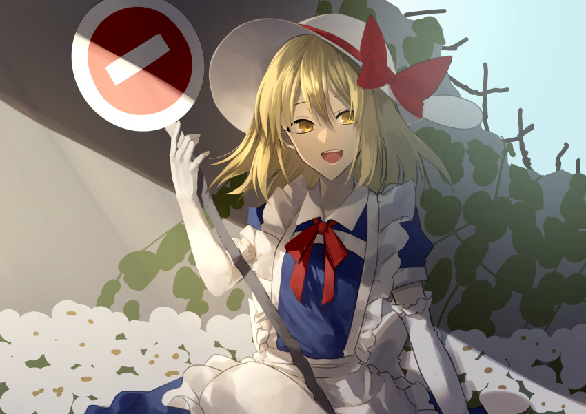 1girl absurdres apron blonde_hair blue_dress bow commentary_request dress elbow_gloves frilled_apron frills gloves hat hat_bow highres holding kana_anaberal medium_hair open_mouth otoshiro_kosame puffy_short_sleeves puffy_sleeves red_neckwear red_ribbon ribbon road_sign short_sleeves sign sun_hat touhou touhou_(pc-98) waist_apron white_apron white_gloves white_headwear yellow_eyes