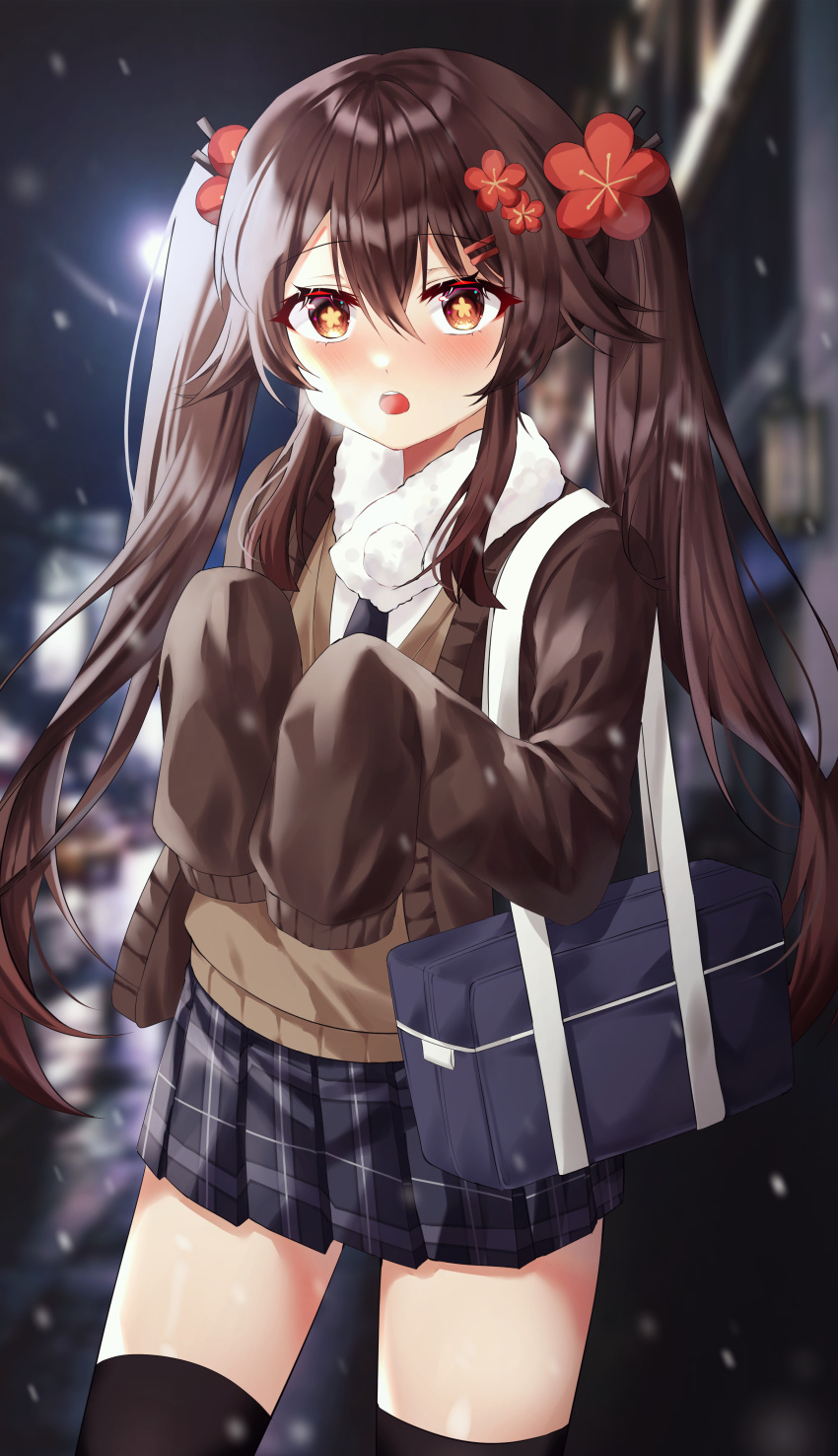 1girl :o absurdres alternate_costume bag black_legwear blue_skirt brown_cardigan brown_hair brown_sweater cardigan casual collared_shirt cowboy_shot duffel_bag educk flower genshin_impact hair_flower hair_ornament hairclip highres hu_tao_(genshin_impact) long_hair long_sleeves looking_at_viewer miniskirt night open_cardigan open_clothes open_mouth outdoors plaid plaid_skirt pleated_skirt red_eyes scarf school_bag shirt skirt sleeves_past_fingers sleeves_past_wrists snowing solo standing star-shaped_pupils star_(symbol) sweater symbol-shaped_pupils thigh-highs thighs twintails very_long_hair white_shirt winter zettai_ryouiki