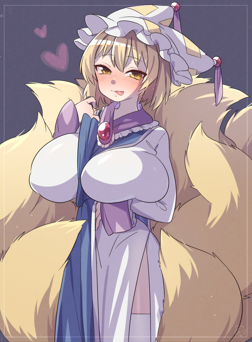1girl :q \m/ bangs blonde_hair blush breast_hold breasts brooch commentary_request covered_nipples eyebrows_visible_through_hair eyelashes fluffy fox_tail frills hanging_breasts hat heart highres huge_breasts ibaraki_natou jewelry kitsune long_sleeves looking_at_viewer multiple_tails no_bra pillow_hat purple_background seductive_smile short_hair simple_background smile solo standing tabard tail tassel thigh-highs tongue tongue_out touhou white_headwear white_legwear yakumo_ran yellow_eyes
