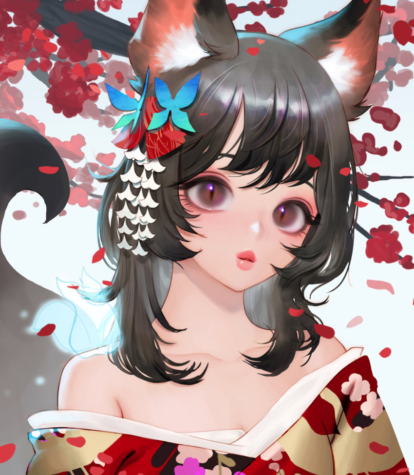 1girl animal_ear_fluff animal_ears animal_on_shoulder bangs bare_shoulders black_hair branch commentary english_commentary eyelashes flat_chest flower fox fox_ears fox_girl fox_tail hair_ornament highres japanese_clothes kanzashi kimono long_hair looking_at_viewer off_shoulder original portrait red_flower red_lips sidelocks slit_pupils spirit tail transparent wonbin_lee
