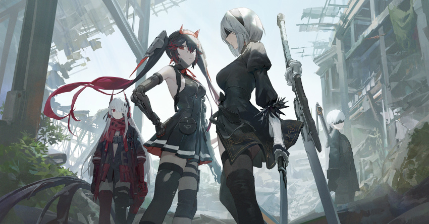 1boy 3girls bangs black_dress black_footwear black_gloves black_jacket black_legwear black_shorts blindfold boots breasts building crossover dress gloves grey_sky hair_over_one_eye highres holding holding_sword holding_weapon holster jacket long_hair lucia_(punishing:_gray_raven) lucia_s_crimson_abyss mechanical_arms medium_breasts mole mole_under_mouth mossi multicolored_hair multiple_girls neck_ribbon nier_(series) nier_automata outdoors pleated_dress puffy_sleeves punishing:_gray_raven red_eyes red_legwear red_neckwear red_scarf ribbon ruins scarf short_hair shorts single_mechanical_arm single_thighhigh small_breasts sword thigh-highs thigh_boots thigh_holster thigh_strap twintails two-tone_gloves two-tone_hair weapon white_hair yorha_no._2_type_b yorha_no._9_type_s