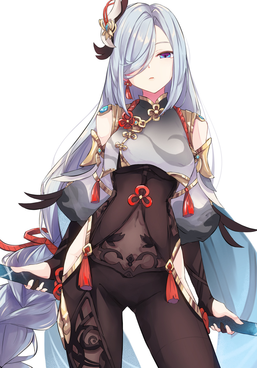 1girl bare_shoulders black_gloves blue_eyes bodysuit braid braided_ponytail breasts cowboy_shot fingerless_gloves genshin_impact gloves hair_ornament hair_over_one_eye half-closed_eye highres hip_vent holding holding_weapon long_hair looking_at_viewer parted_lips polearm shenhe_(genshin_impact) simple_background tokoi very_long_hair weapon white_background white_hair
