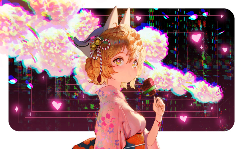 1girl absurdres bangs bell blonde_hair branch breasts commentary english_commentary fingernails floral_print food fox_mask from_side hair_bell hair_between_eyes hair_bun hair_ornament heart heart-shaped_pupils highres holding holding_food japanese_clothes kimono long_sleeves looking_away looking_to_the_side mask mask_on_head obi original outside_border pink_kimono ribbon rounded_corners sash sidelocks skewer solo symbol-shaped_pupils updo wonbin_lee wrist_ribbon yellow_eyes yukata