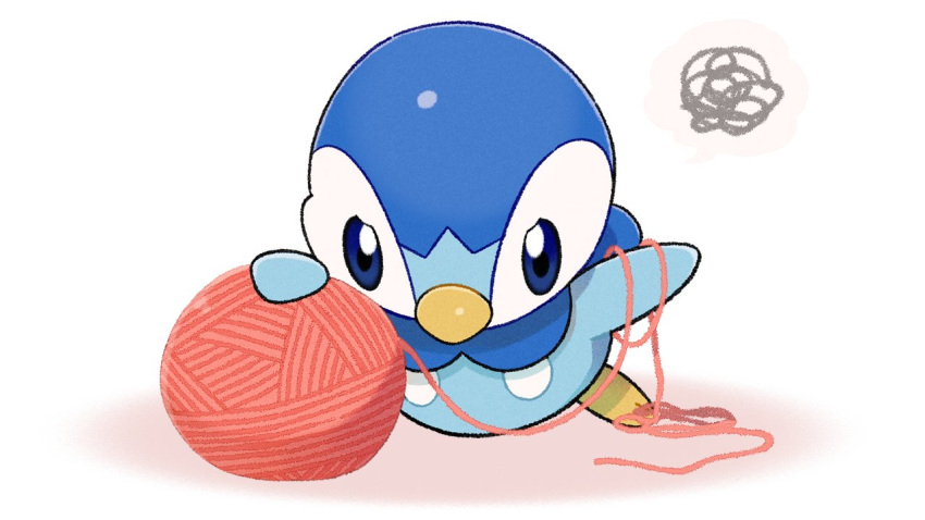 blue_eyes cheek_squash commentary_request holding looking_down official_art piplup pokemon project_pochama squiggle string toes white_background yarn yarn_ball