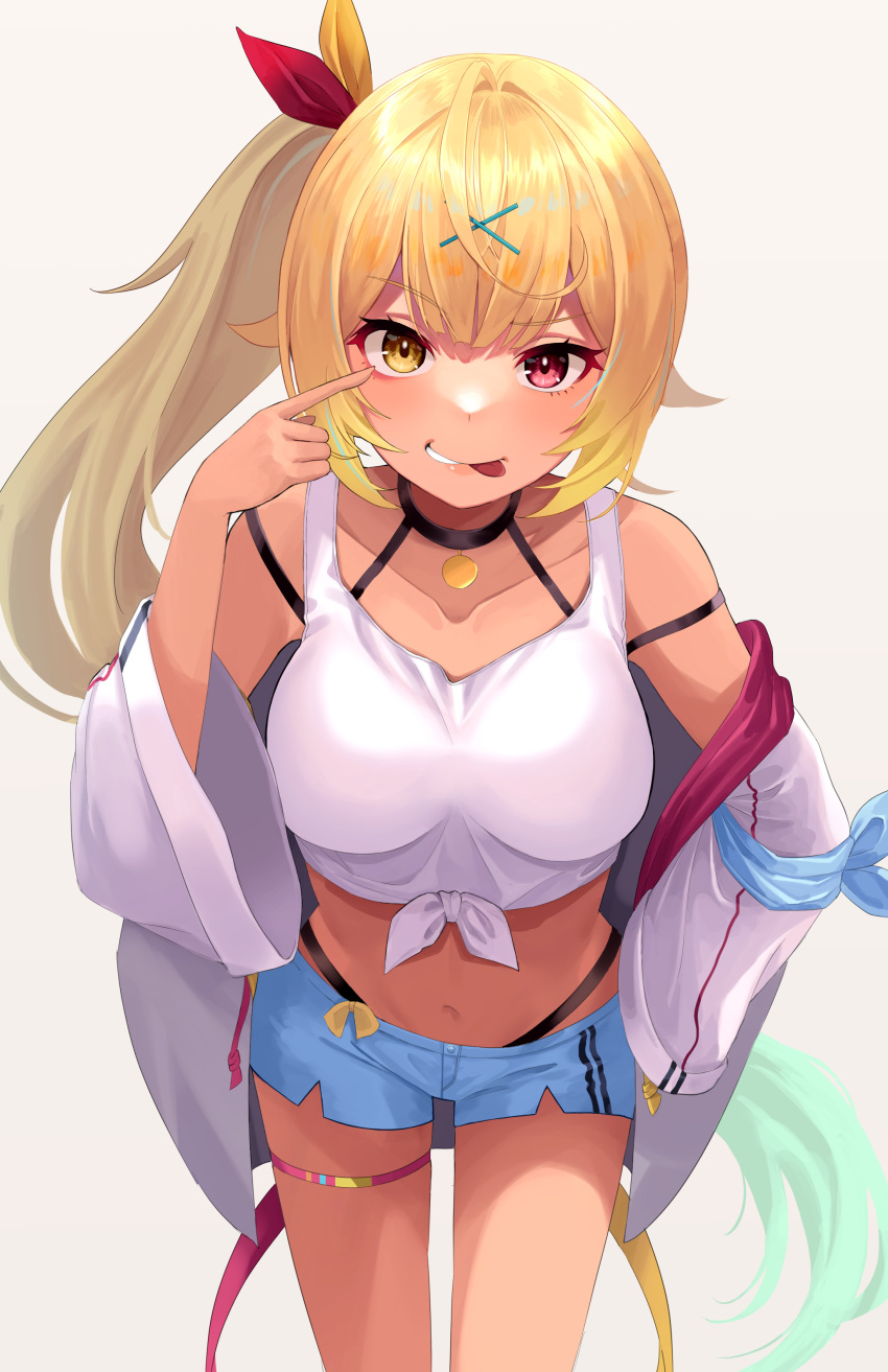 1girl :p absurdres akanbe bangs benjamin4679 black_choker blonde_hair blue_shorts breasts choker commentary_request crop_top dark-skinned_female dark_skin eyebrows_visible_through_hair hair_ribbon highres hoshikawa_sara jacket large_breasts long_hair long_sleeves nijisanji off_shoulder open_clothes open_jacket open_mouth panty_straps red_eyes ribbon shirt short_shorts shorts side_ponytail solo swimsuit thigh_strap tied_shirt tongue tongue_out virtual_youtuber white_jacket white_shirt wide_sleeves yellow_eyes