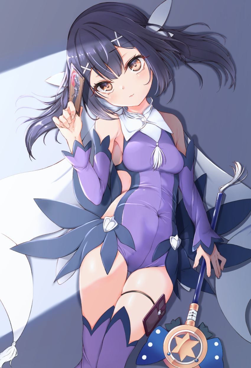 1girl bangs bare_shoulders black_hair blush breasts brown_eyes cape card card_holster detached_sleeves fate/kaleid_liner_prisma_illya fate_(series) feather_hair_ornament feathers hair_ornament hairclip highres kaleidostick leotard long_hair looking_at_viewer magical_sapphire miyu_edelfelt purple_legwear purple_leotard purple_sleeves sashimi_nasu sidelocks small_breasts thigh-highs thighs twintails wand white_cape
