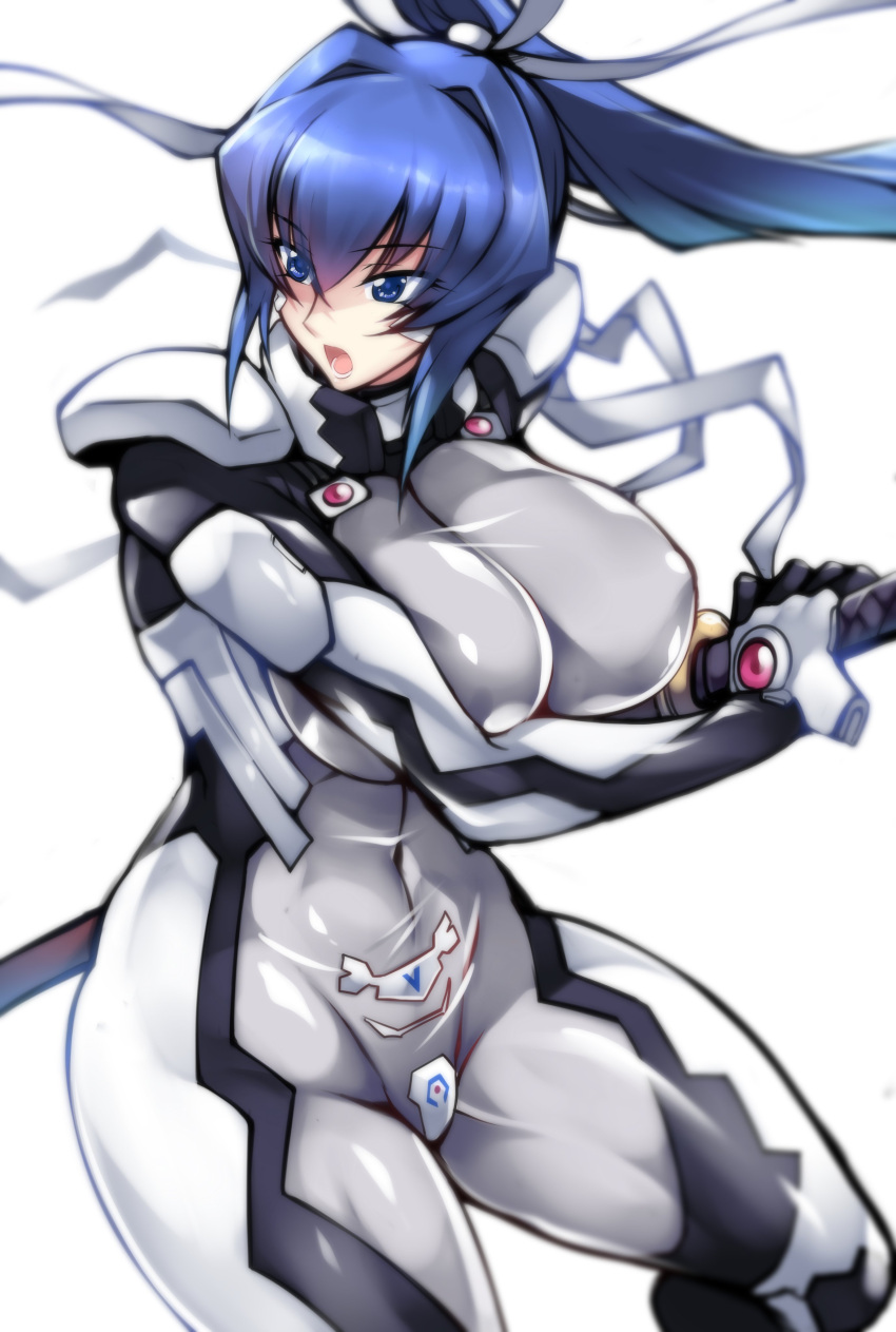 absurdres bangs breasts covered_navel covered_nipples eyebrows_visible_through_hair floating_hair fortified_suit haganef hair_intakes hair_ribbon highres holding holding_sword holding_weapon huge_breasts katana long_hair mitsurugi_meiya muvluv muvluv_alternative muvluv_alternative_(anime) open_mouth pilot_suit ribbon sheath skin_tight sword thick_thighs thighs unsheathing weapon white_background white_ribbon