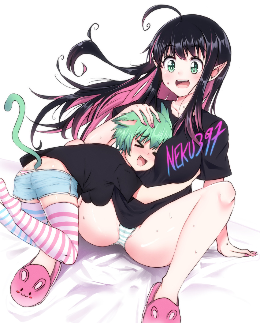 &gt;_&lt; 2girls absurdres ahoge breast_squeeze breasts cat_girl cat_tail elf fangs green_eyes green_hair headpat highres hug multiple_girls neku397 open_mouth original panties pantyshot pointy_ears slippers tail thigh-highs underwear watermark