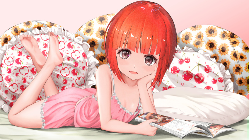 1girl absurdres akai_ringo_(ookami-san) apple_print bangs bare_legs barefoot brown_eyes cherry_print commentary_request crossed_ankles feet feet_up flat_chest floral_print food_print frilled_pillow frills gibun_(sozoshu) hand_on_own_cheek hand_on_own_face highres looking_at_viewer lying on_bed on_stomach ookami-san open_magazine open_mouth pillow pink_babydoll pink_shorts print_pillow redhead revision shiny shiny_hair short_hair shorts smile soles solo sunflower_print tareme the_pose