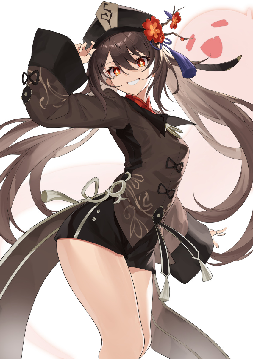 1girl absurdres arm_up black_headwear black_shorts brown_hair brown_shirt collared_shirt flower genshin_impact ghost grin hat hat_flower highres hu_tao_(genshin_impact) long_hair long_sleeves looking_at_viewer plum_blossoms red_eyes shirt short_shorts shorts simple_background smile solo star-shaped_pupils star_(symbol) symbol-shaped_pupils tailcoat thighs twintails very_long_hair white_background yamanokami_eaka