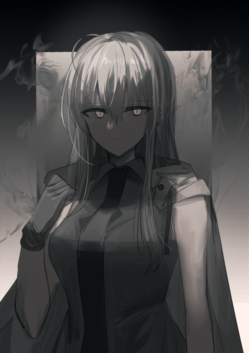 1girl absurdres ahoge bangs black_necktie breasts brown_eyes chihuri collared_shirt commentary_request eyebrows_visible_through_hair gloves grey_gloves grey_hair grey_shirt hair_between_eyes hand_up highres long_hair looking_at_viewer medium_breasts necktie original shirt smoke solo upper_body zoya_petrovna_vecheslova
