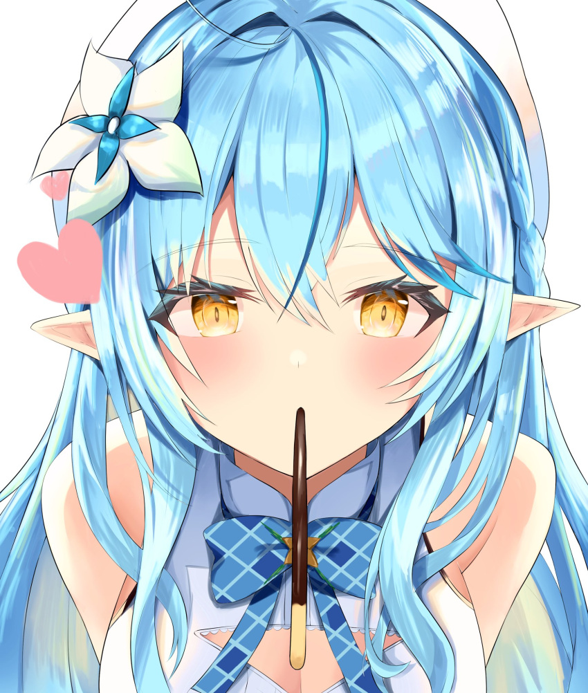 1girl bare_shoulders blue_bow blue_bowtie blue_hair blush bow bowtie cleavage_cutout clothing_cutout elf flower food food_in_mouth hat heart highres hololive long_hair looking_at_viewer mouth_hold mugicho_(kdks5554) multicolored_hair pocky pointy_ears shirt sleeveless sleeveless_shirt solo streaked_hair upper_body virtual_youtuber white_flower white_headwear white_shirt yellow_eyes yukihana_lamy