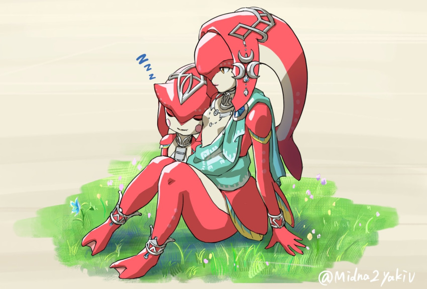 1boy 1girl age_difference arm_support bangs breasts brother_and_sister brown_background brown_eyes child closed_eyes closed_mouth colored_skin fish_boy fish_girl gem grass gxp hair_ornament highres leaning_on_person long_hair mipha monster_girl red_skin siblings sidon sitting sleeping small_breasts smile the_legend_of_zelda the_legend_of_zelda:_breath_of_the_wild twitter_username zora