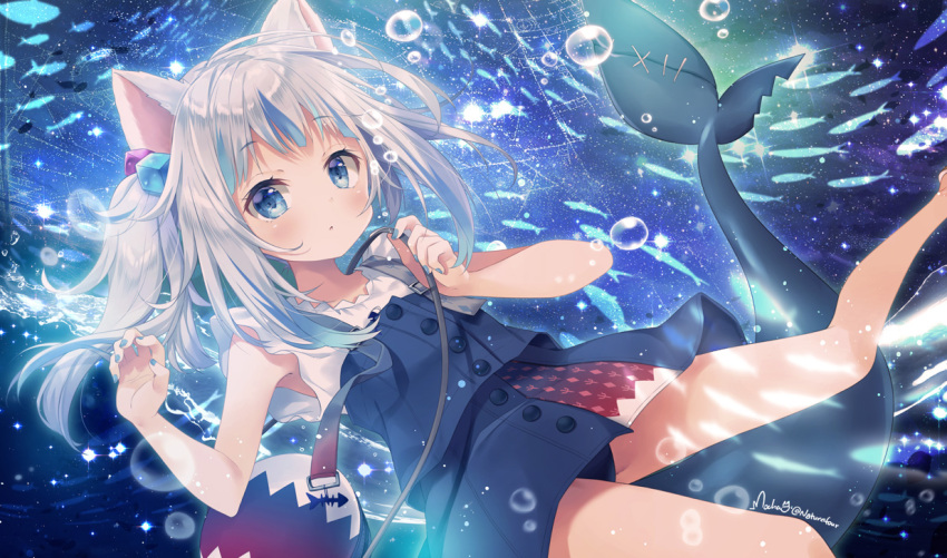 1girl :o air_bubble animal_ears bag bare_arms blue_dress blue_eyes blue_hair blue_nails bubble cat_ears commentary_request dress feet_out_of_frame fish_tail gawr_gura hair_cubes hair_ornament hololive hololive_english looking_at_viewer mocha_(naturefour) multicolored_hair nail_polish parted_lips shark_tail shirt shoulder_bag side_ponytail silver_hair sleeveless sleeveless_dress sleeveless_shirt solo streaked_hair tail virtual_youtuber white_shirt