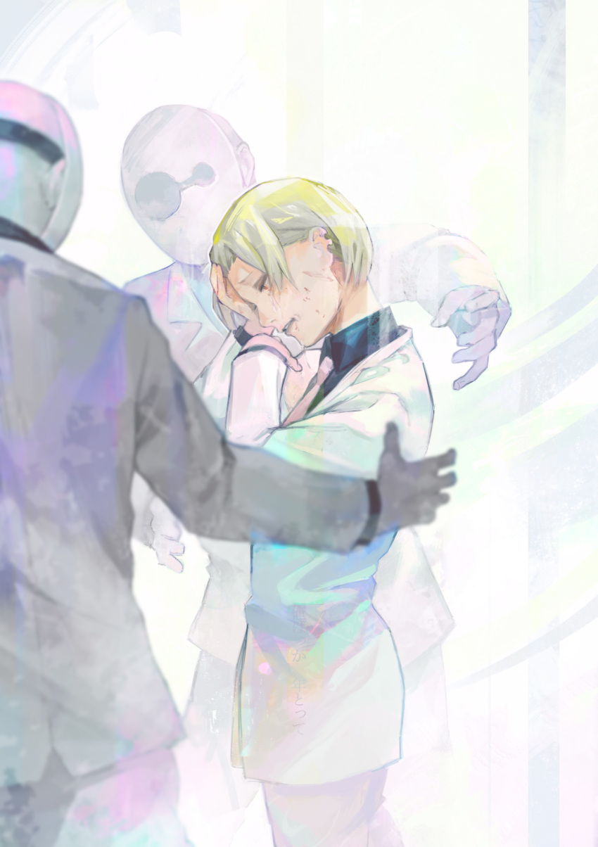 3boys bangs black_shirt blonde_hair collared_shirt cowboy_shot from_behind gagi_(tokyo_ghoul) grey_background grey_jacket guge_(tokyo_ghoul) hands_up highres jacket kyuuba_melo long_sleeves mask multiple_boys naki_(tokyo_ghoul) necktie pants parted_lips shirt short_hair teeth tokyo_ghoul tokyo_ghoul:re white_background