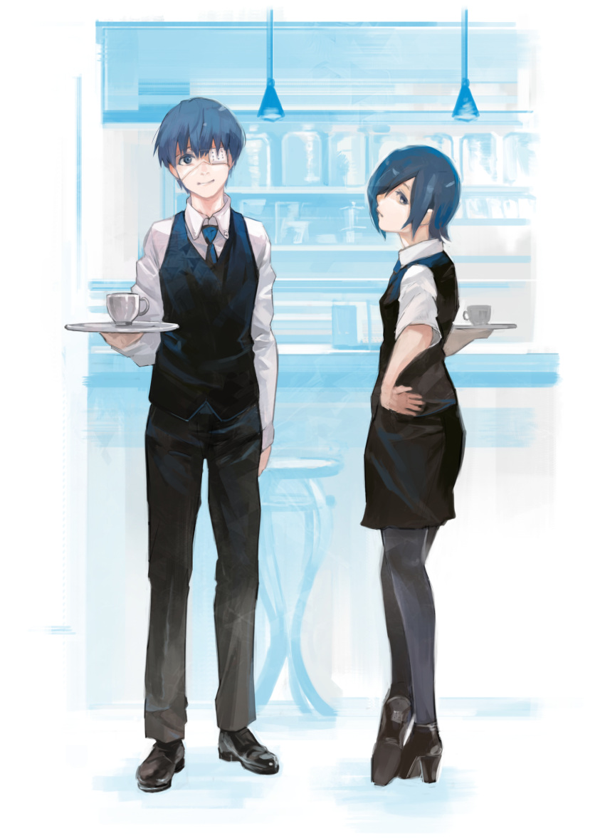 1boy 1girl bangs bar black_footwear black_legwear black_pants black_vest collared_shirt commentary_request cup eyepatch full_body hair_over_one_eye hand_on_hip high_heels highres holding holding_tray kaneki_ken kirishima_touka kyuuba_melo lamp long_sleeves male_focus necktie pants pantyhose shirt short_hair smile stool tokyo_ghoul tray vest waiter waitress white_shirt