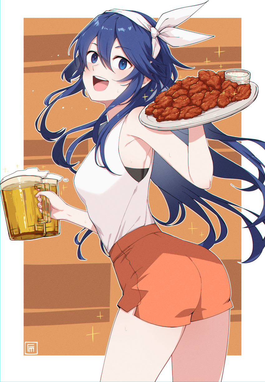 1girl :d alcohol alternate_costume ass beer beer_mug blue_eyes blue_hair border bow chicken_(food) cup fire_emblem fire_emblem_awakening floating_hair food from_side fumafu hair_bow highres holding holding_food holding_plate hooters long_hair looking_at_viewer lucina_(fire_emblem) mug open_mouth orange_shorts plate shorts smile solo straight_hair tank_top teeth thighs upper_teeth white_border white_tank_top