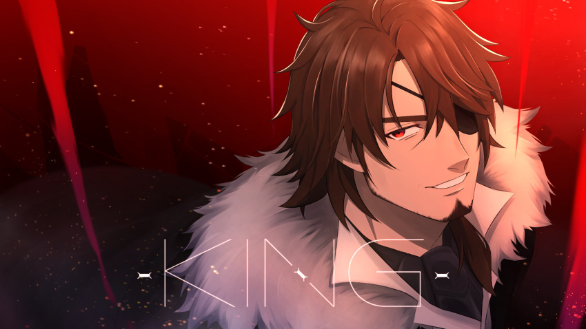 1boy belmond_banderas black_necktie brown_hair choco_(chocovix112) english_text eyepatch facial_hair fur-trimmed_jacket fur_trim hair_over_one_eye highres jacket king_(vocaloid) looking_at_viewer male_focus necktie nijisanji red_eyes smile solo stubble thick_eyebrows upper_body v-shaped_eyebrows virtual_youtuber