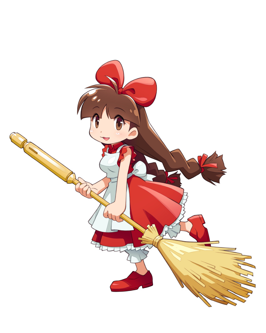 1girl absurdres apron bangs bloomers blunt_bangs bow broom brown_eyes brown_hair character_request cotton_(game) dress full_body hair_bow highres holding holding_broom long_hair low-tied_long_hair official_art open_mouth photoshop_(medium) red_dress red_footwear simple_background sleeveless sleeveless_dress solo twintails underwear white_apron white_background