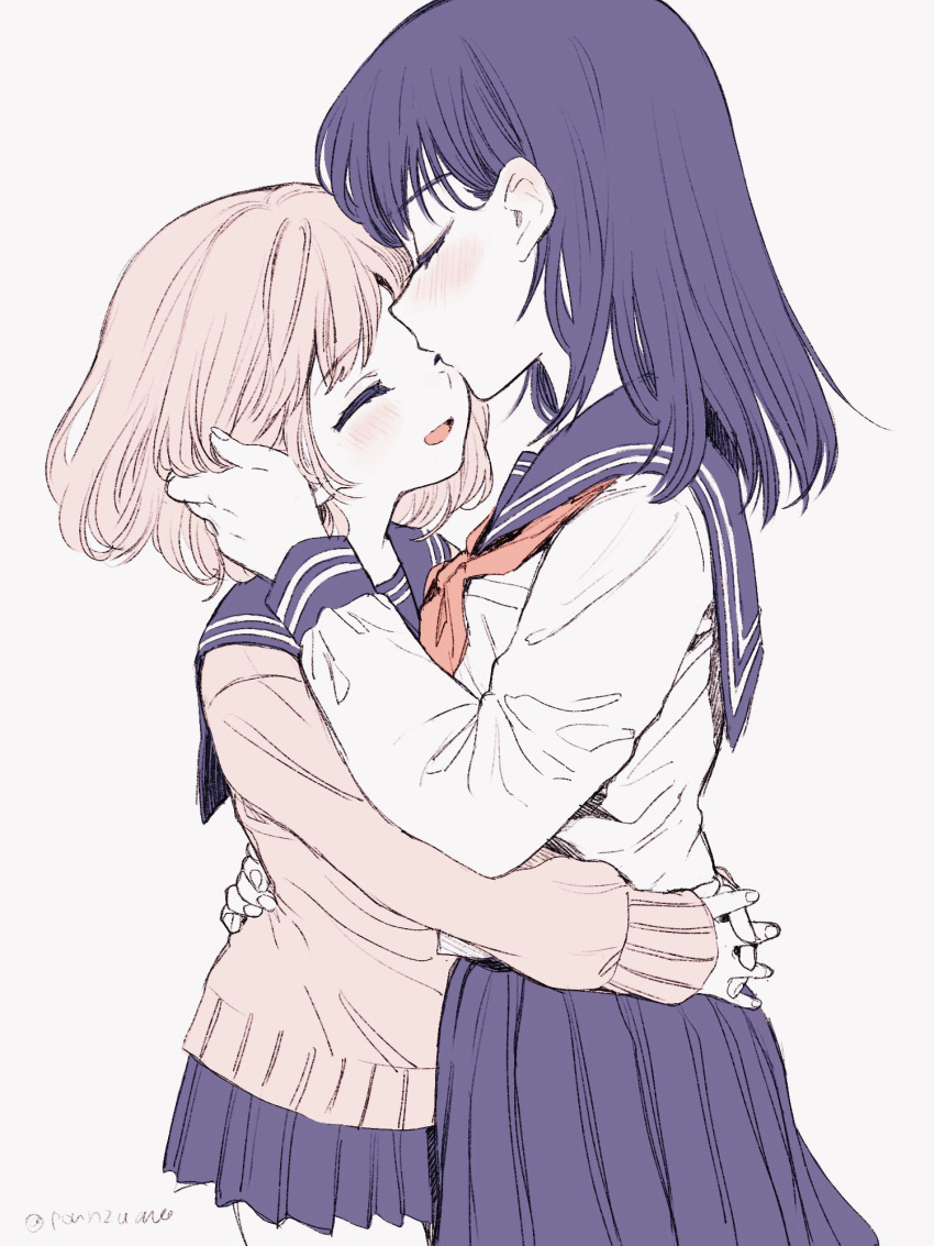 2girls ^_^ ^o^ amezawa_koma bangs blue_hair blush closed_eyes eyebrows_visible_through_hair highres hug kiss kissing_cheek multiple_girls open_mouth original pink_hair red_ribbon ribbon school_uniform short_hair simple_background yuri