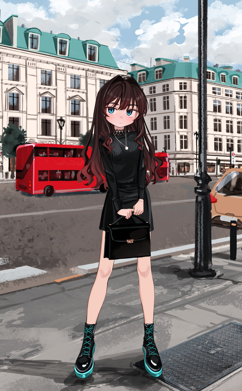 1girl absurdres bag bangs black_footwear black_shirt black_skirt blue_eyes blush brown_hair bus car city closed_mouth clouds commentary_request day elisia_valfelto eyebrows_visible_through_hair full_body ground_vehicle highres holding holding_bag jewelry long_hair long_sleeves looking_at_viewer luicent motor_vehicle necklace original outdoors shirt shoes skirt solo standing