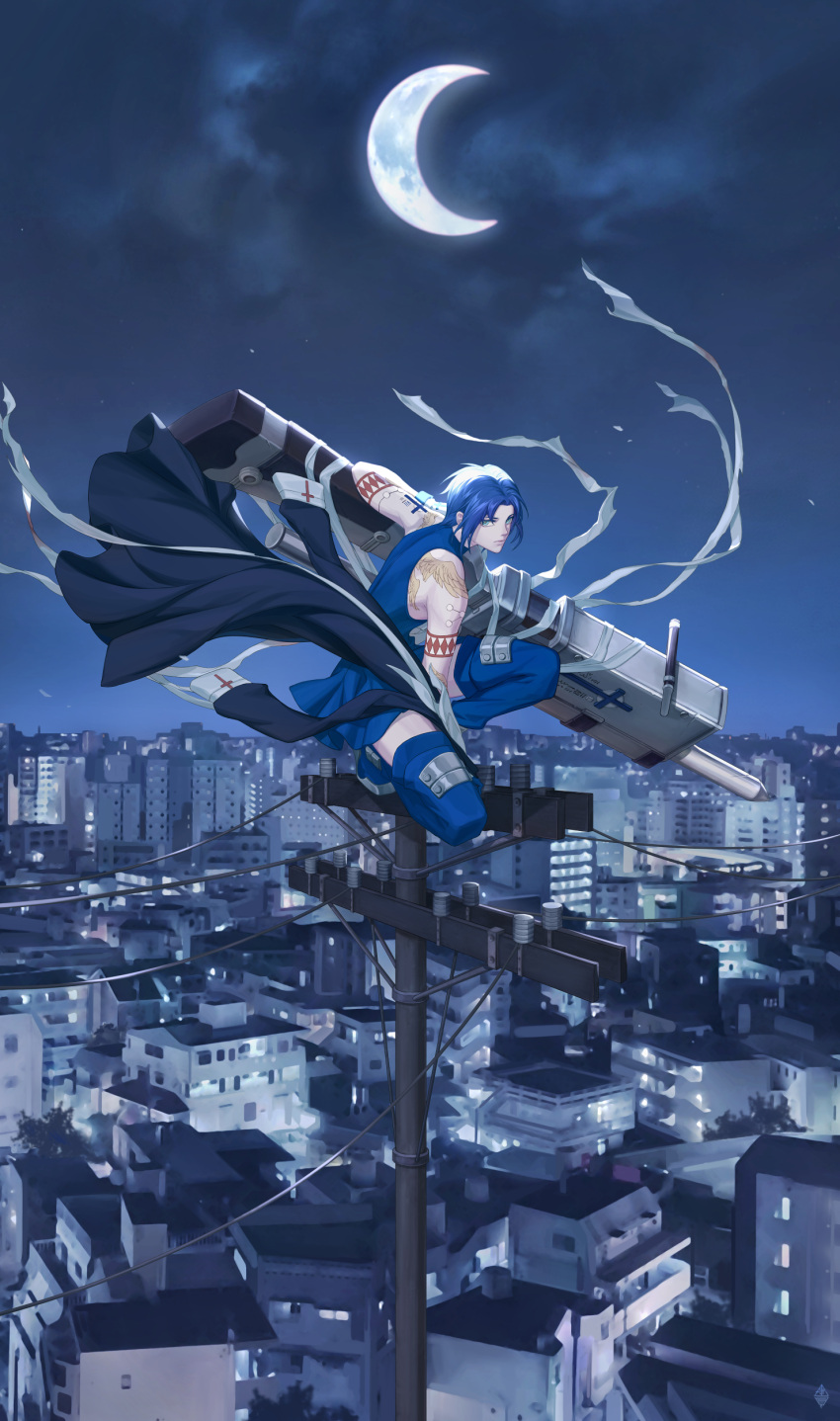 1girl absurdres aqua_eyes bandages bangs bare_shoulders blue_dress blue_footwear blue_hair blue_legwear building ciel_(tsukihime) city closed_mouth clouds commentary_request crescent_moon cross_tattoo dress floating_hair forehead gloves gun habit highres holding holding_gun holding_weapon looking_at_viewer moon night night_sky nun outdoors parted_bangs pole powerd_ciel serious seventh_holy_scripture short_dress short_hair sky sleeveless sleeveless_dress solo squatting tattoo thedaw0 thigh-highs tsukihime utility_pole weapon white_gloves wing_tattoo