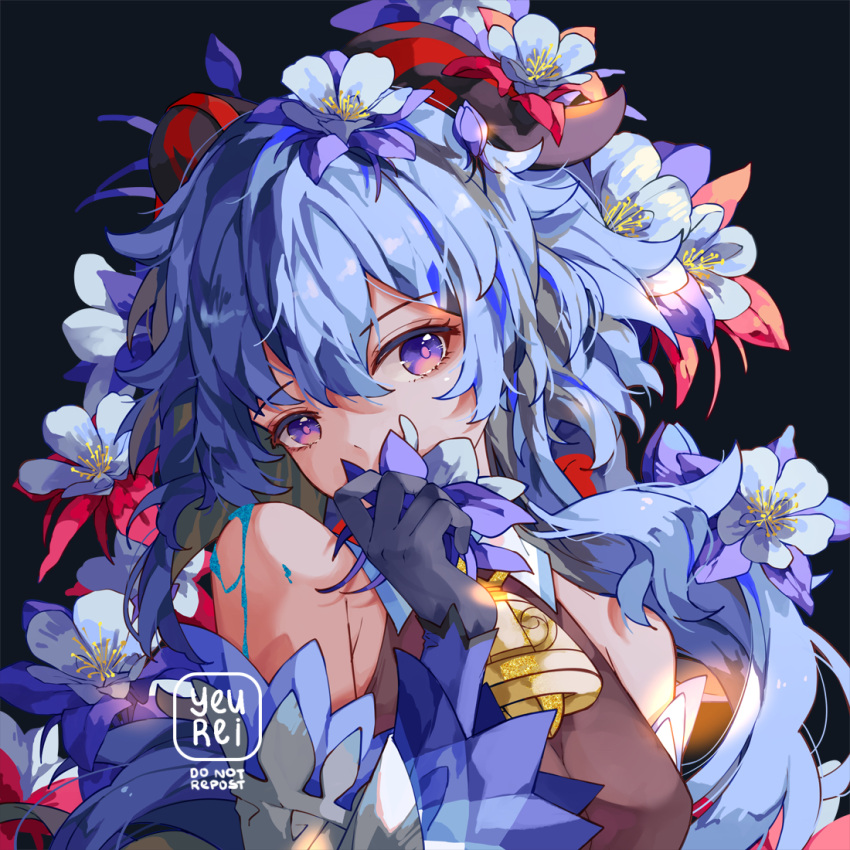 1girl bare_shoulders bell black_gloves blue_hair covered_mouth cowbell detached_sleeves flower ganyu_(genshin_impact) genshin_impact gloves goat_horns hair_flower hair_ornament horns long_hair looking_at_viewer neck_bell solo upper_body violet_eyes yeurei
