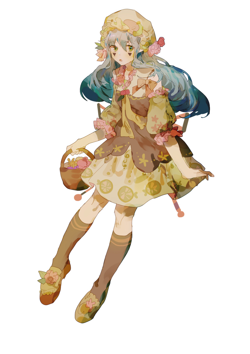 1girl absurdres basket blue_hair brown_dress brown_legwear commentary dress eyebrows_visible_through_hair facial_mark flower full_body green_eyes hat highres holding holding_basket lobelia_(saclia) long_hair looking_at_viewer mob_cap open_mouth original pink_flower pointy_ears skirt solo thigh-highs yellow_headwear yellow_skirt